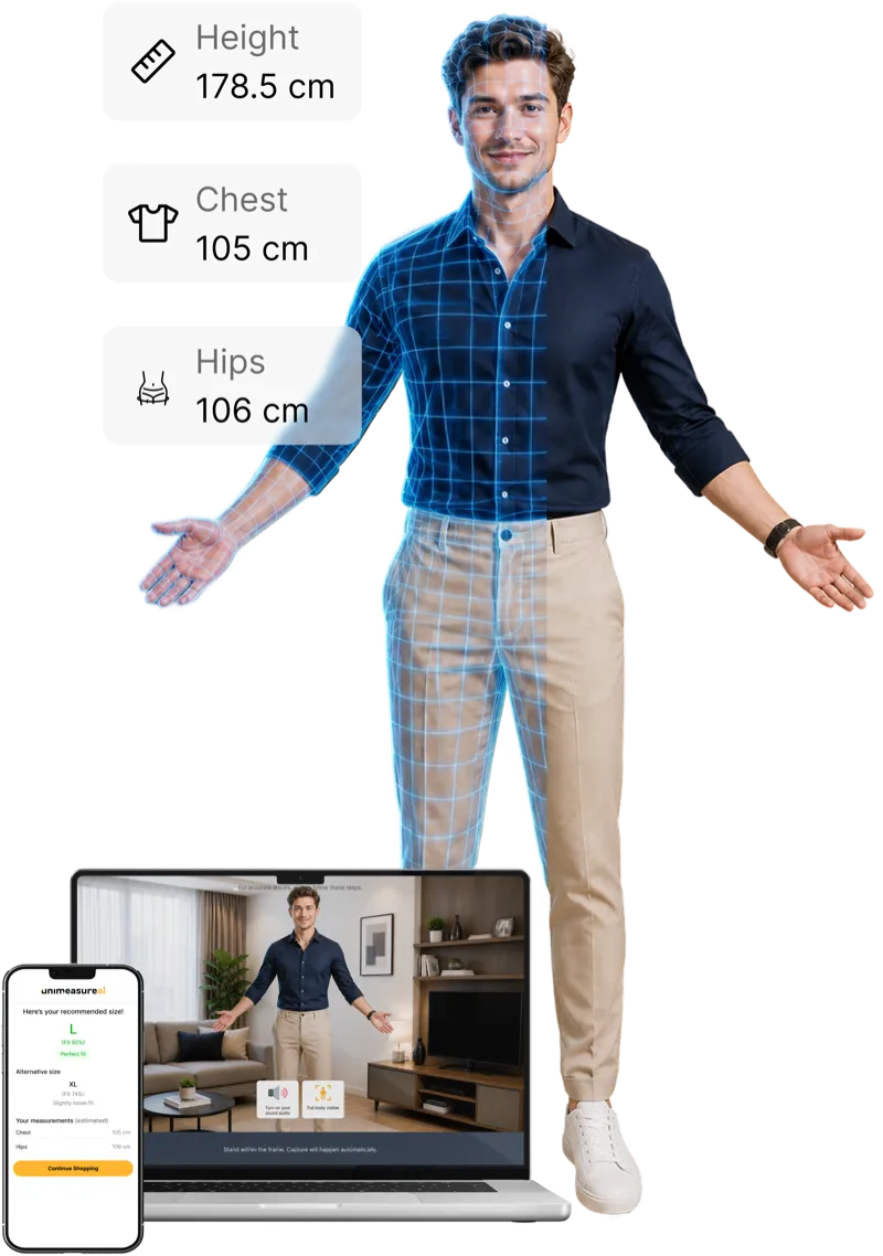 A shopper measuring their body size with their phone camera using UniMeasureAI